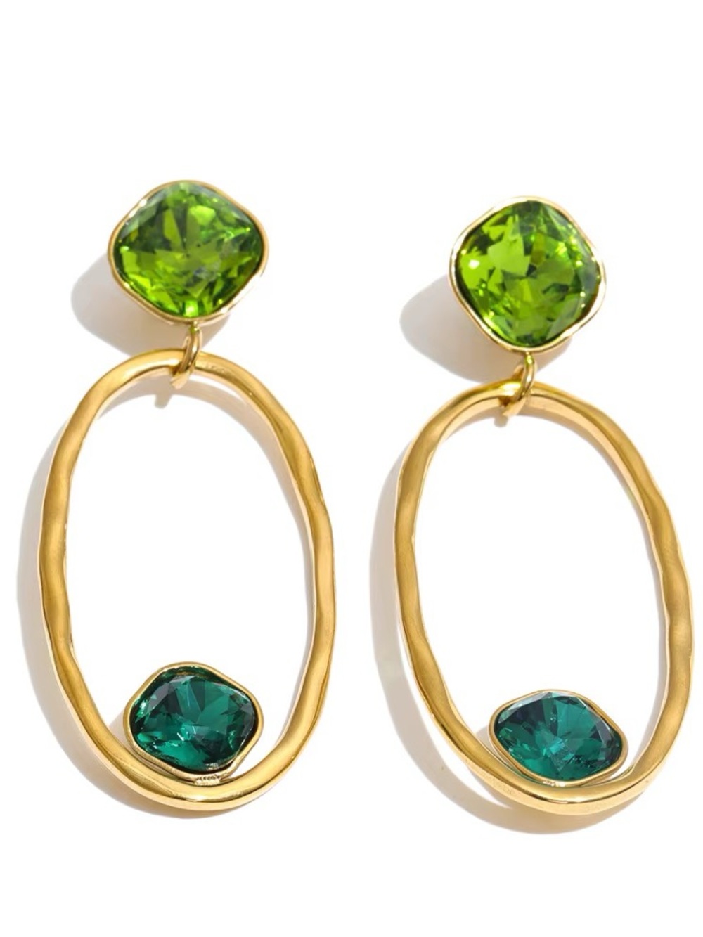 Gold Oval Drop Earrings with Peridot and Emerald Stones